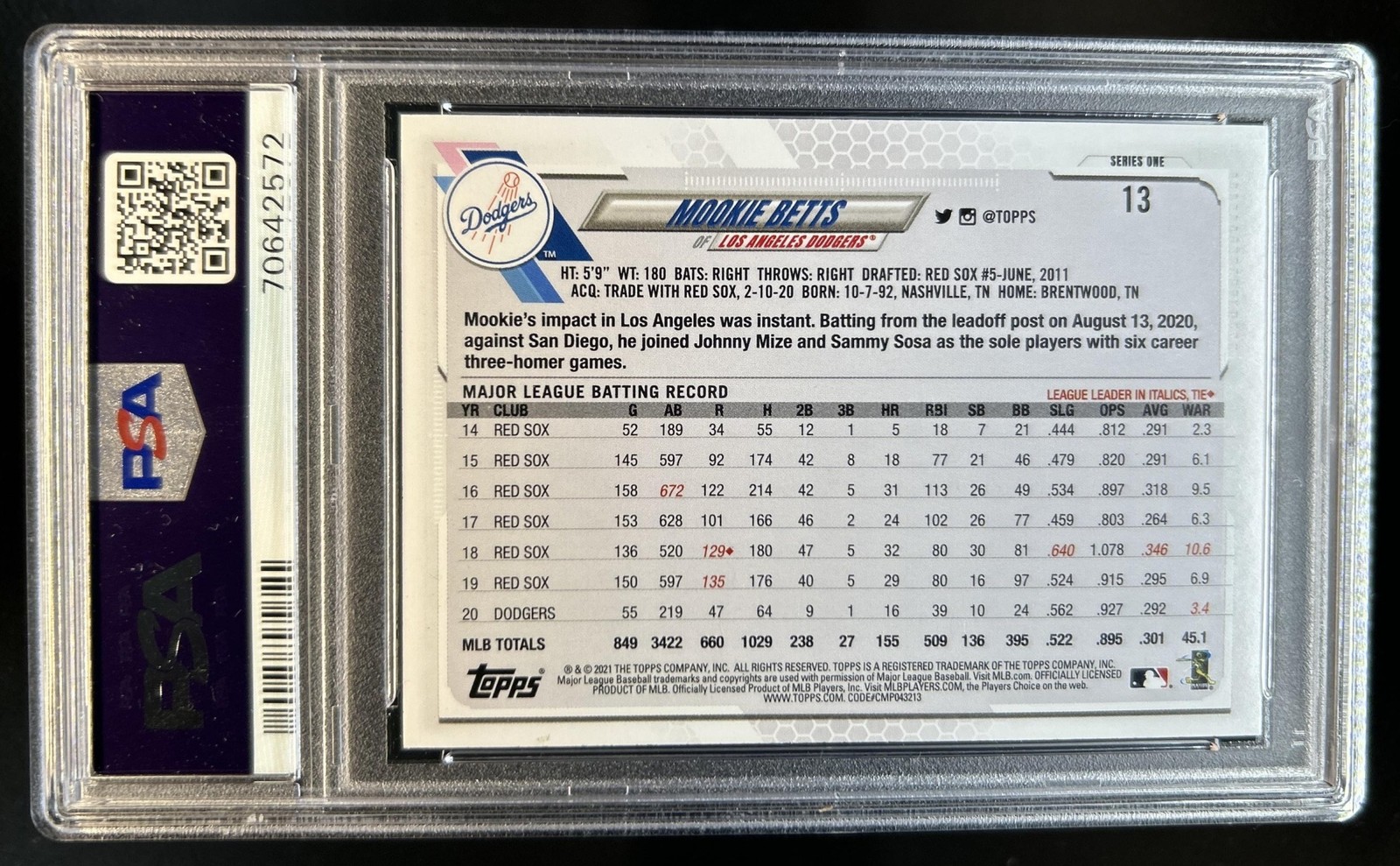 2021 Topps Mookie Betts Rainbow Foil #13 Dodgers PSA 9 view 2