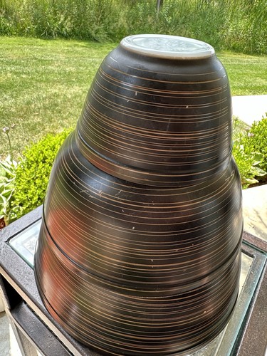 3 Vtg 1965 TERRA Pyrex Brown/Tan Stripe Mixing Nesting Bowls Set 401 403 404 MCM - Picture 4 of 10
