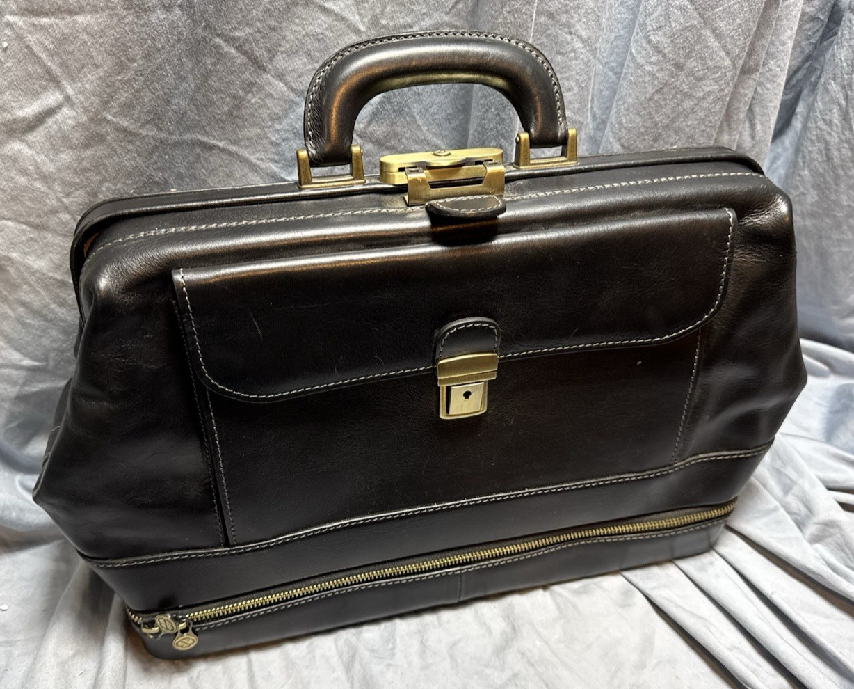 Time Resistance Italian Leather Doctor Bag Black Briefcase Gladstone Style