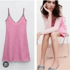 Zara Women’s Alpaca Wool Beaded Trim Strappy Barbie Pink Mini Dress M