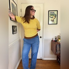 60s Sears Brown and Yellow Striped Short Sleeve Knit Sweater
