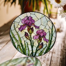 Purple Iris Flower Art Suncatcher Round StainedGlass Window Gift for Garden Love