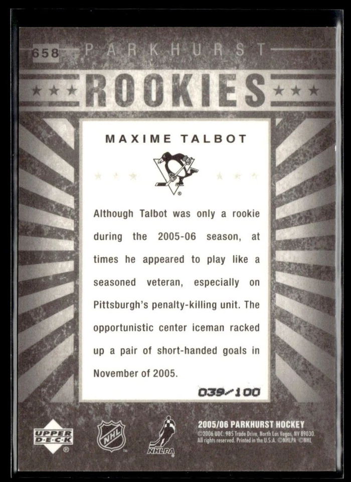 2005-06 Parkhurst Facsimile Auto Parallel Maxime Talbot RC 039/100 Pittsburgh - Image 2 of 2