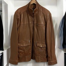 Men s Leather Jacket Brown Field Utility Stand Collar Large Lambskin Alfani Vtg
