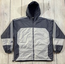 Vtg 90s Adidas Reversible Hooded Jacket Mens Gray Full Zip Puffer Fleece Sz L
