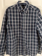GEORGE Men  s Sz. S Long Sleeve Navy Blue Plaid Shirt Button Down Collar