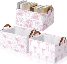 3 Pcs Pink Bow Storage Bin Coquette Collapsible Large Storage Baskets 