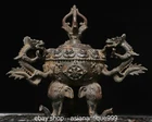 9" Vintage Bronze Gold Dragon Beast Elephant Head Leg Incense Burner Incense Burner