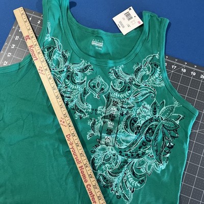 VTG Basic Editions Ribbed Tank Top Women s XXL Green Paisley Floral Crop Y2K-New