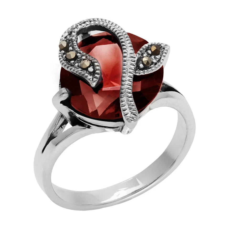 Silverly Anello Argento 925 Zircone Rosso Rotondo Multi Marcasite Fiore - Immagine 2 di 4