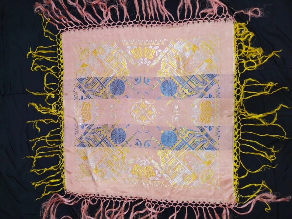 Mantón brocado de seda vintage diseño Taj Mahal piano flecos envoltura boho oriental 1565 Foto 4 de 4