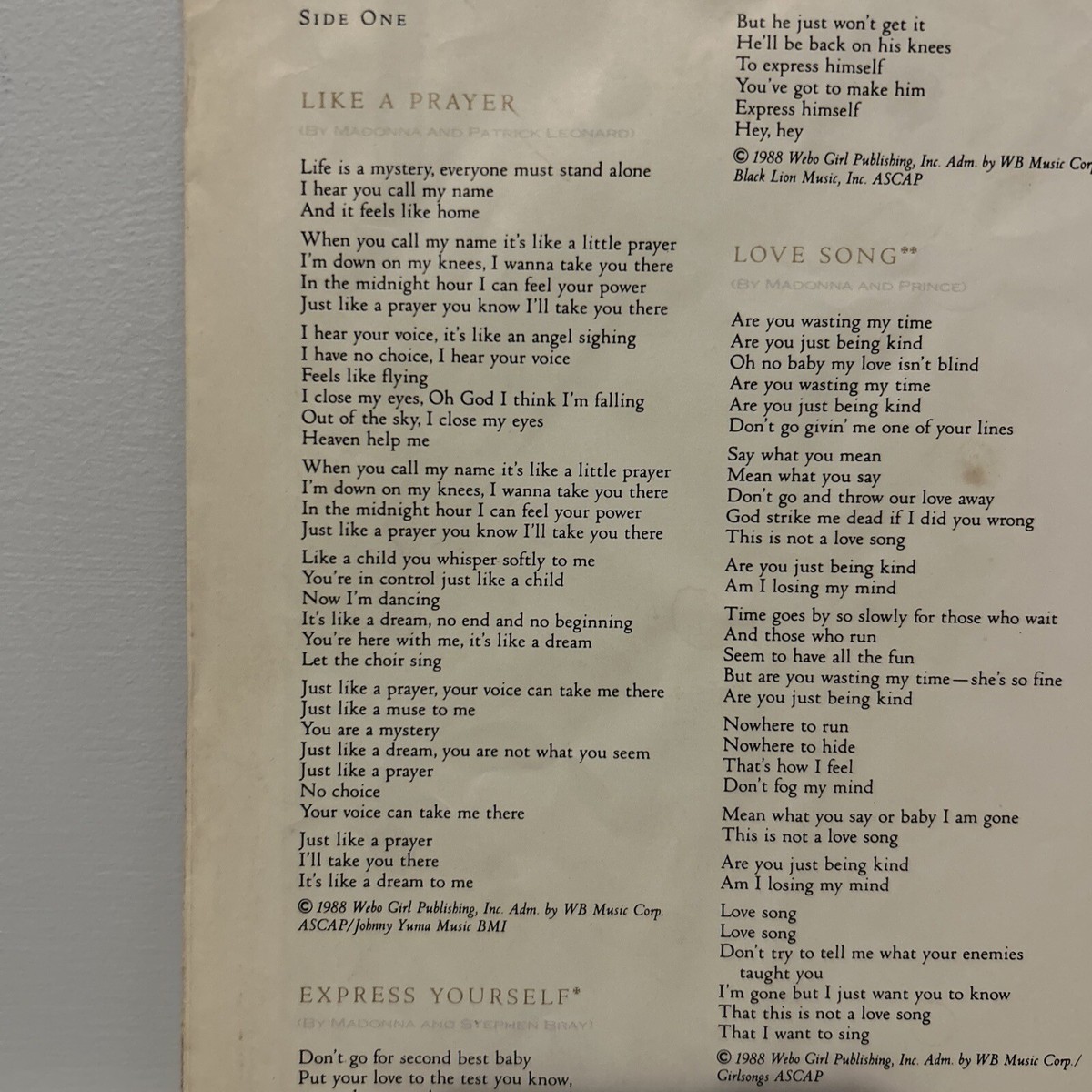 Madonna Like A Prayer Vinyl LP Record 1989 WX 239 Sire 12