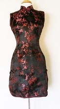 Short Sleeve Chinese Cheongsam Qipao Dress Black with dark red bamboo and plum