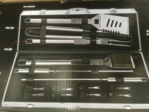 BBQ 14 pièces ensemble d'outils en acier inoxydable avec poignées isolées étui en aluminium NEUF - Photo 1 sur 4