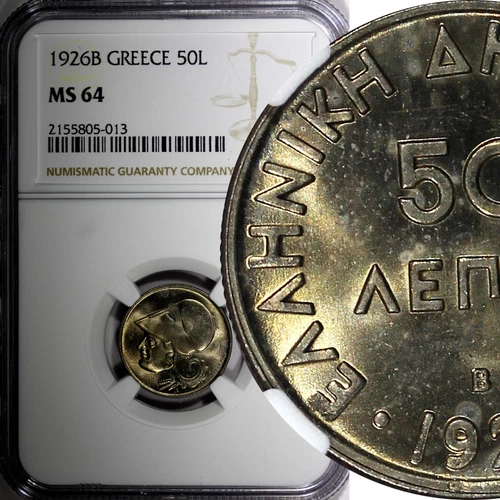 Greece Copper-Nickel 1926 B 50 Lepta Athena  Vienna Mint NGC MS64 KM# 68 (13)