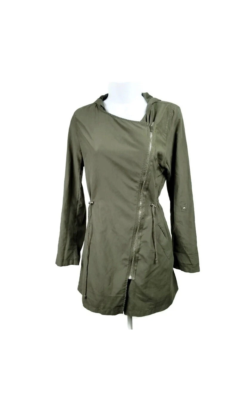 Ambiance Green Lightweight Front Zip Hooded Roll Tab Cinch Waist Jacket Womens M
