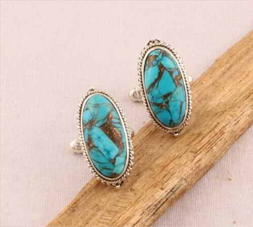 Natural Blue Turquoise Gemstone 925 Sterling Silver Cufflinks Jewelry For Men's - Picture 1 of 5