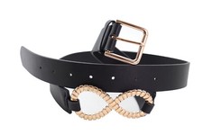 Women Black Strap Simple Basic Fashion Belt Gold Metal Infinity Charm Buckle S M
