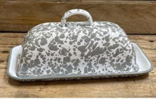NEW PRIMITIVE FARMHOUSE Enamelware BUTTER DISH GRAY SPLATTER Retro LOOK 8.5"W