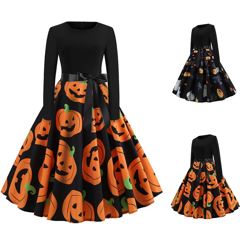 Damen Gedruckt Kürbis Halloween Kostüm Kleid Cosplay Hexe Skater Kleider Party - Bild 1 von 4