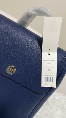 Tory Burch Carter Flap Pebbled Leather Royal Navy Backpack  display picture 3
