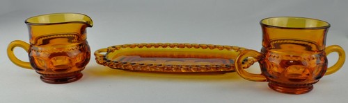 Vintage Indiana Glass Amber Kings Crown Thumbprint Cream and Sugar With Tray - Picture 3 of 5