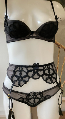 Agent Provocateur 32C demi bra & suspender belt SET black grey Amaris