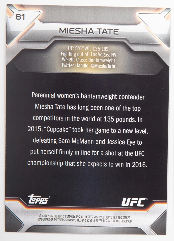 Tarjeta dorada Miesha Tate 2016 Topps UFC Knockout 5x7 #81 #/d 5/10 Strikeforce Champ Foto 4 de 4