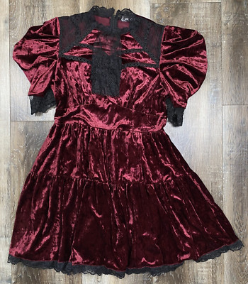Dark In Love Burgundy Velvet Dress Victorian Short Lolita Black Lace Goth Sz XL