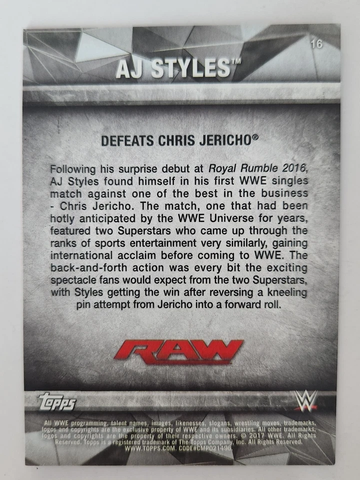 2017 Topps WWE Road To WrestleMania RAW #16 AJ STYLES - Image 2 of 2