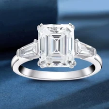 1-4ct Emerald Cut Moissanite Three Stone Engagement Ring 18K White Gold Plated