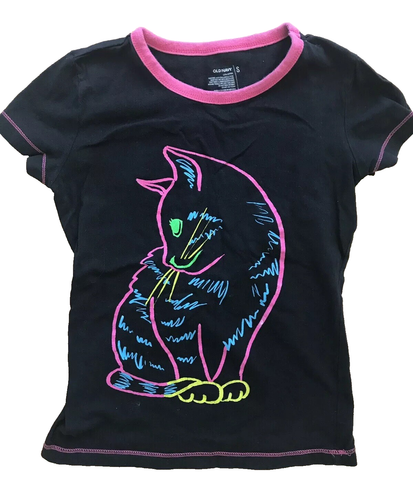 OLD NAVY Girls Cat Tee T-Shirt Top Size Small S Black Pink Short Sleeve