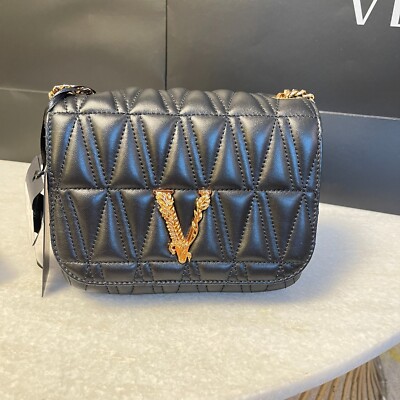 Versace Trapuntata Quilted Black Leather Shoulder Bag On Chain, DBFH821
