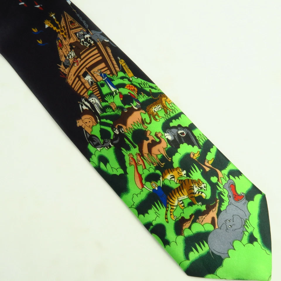 Corbata para hombre Roberto Cellini Arca de Noé negra verde 59"x3,75" hipopótamos leones Foto 2 de 4