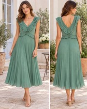 Sezane Paris Rachelle Dress 36 Green Pleated Ruffle V Neck Maxi Wedding Guest