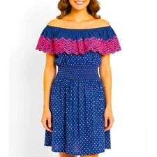 LILLY PULITZER Dress Blue Pink OffTheShoulder Smocked Borealis Kalama Size Large