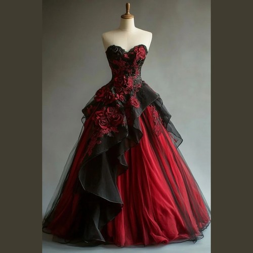 Gothic Vampire Prom Dress Dark Red/Black Sweetheart A-Line Vintage Evening Gown