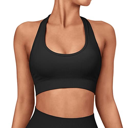Women Seamless Halter Sports Bra Open Back Padded Workout Crop Medium Black - Picture 4 of 7