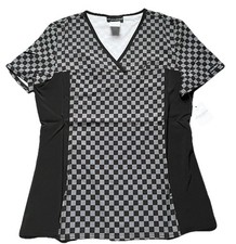 NWT Women  s Small Cherokee Black  Gray Check Print Scrub Top