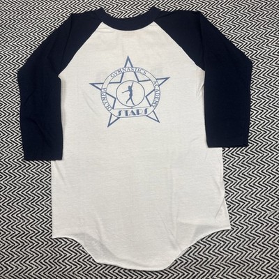 VTG 80s Olympia Gymnastics Academy SIZE SMALL Blue Raglan White Shirt T-Plus Tag