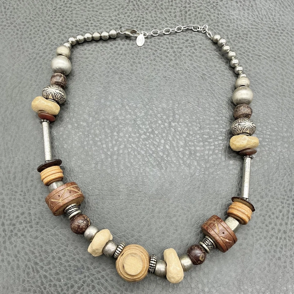 Collar Robert Rose Distintivo Grueso Madera Metal Cuentas Boho Tribal Ajustable Foto 2 de 4