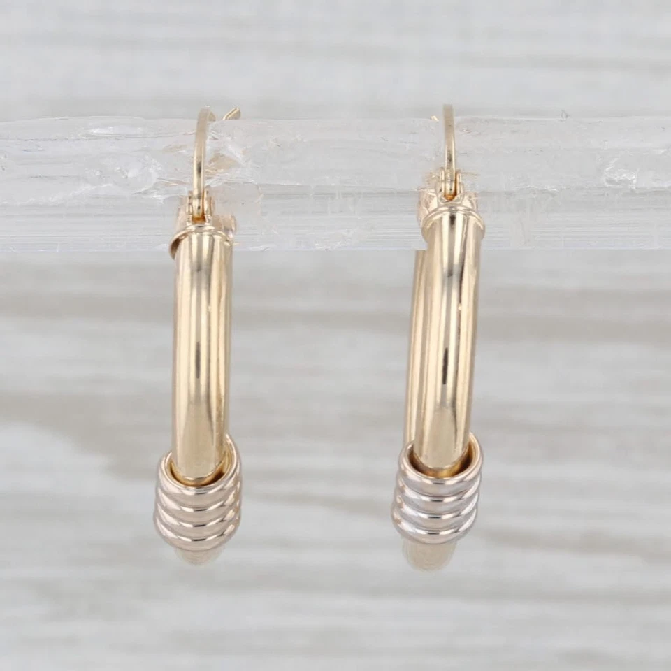 Pendientes de aro redondos de 2 tonos de oro amarillo blanco de 14 k con aros a presión Foto 3 de 4