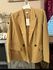 A New Day Women's Beige Twill Double-Breasted Blazer Jacket Pockets Long