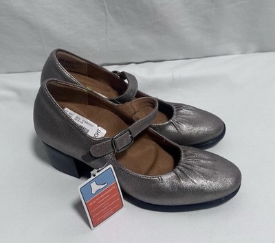 Aetrex Women's Mary Jane Shoes Heels Leather Size 7.5 -8 Silver Gray New