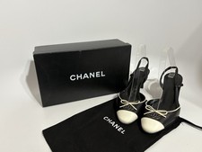 Vtg Chanel Black Leather CC Logo Slingback Heels 38