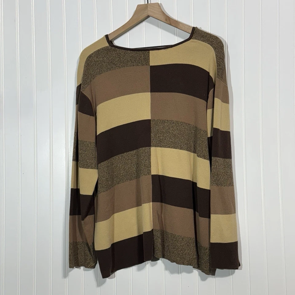Crazy Horse Liz Claiborne Striped Knit Sweater XL Brown Tan Cream Neutral Boho - Image 2 of 4