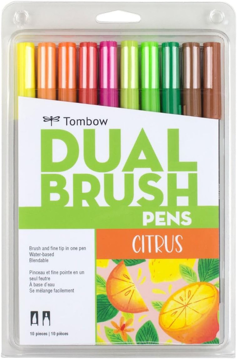 56196 Dual Brush Pen Art Markers, Citrus, 10-Pack. Blendable, Brush and Fine Tip