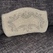 White Beaded Clutch with Deco Style / Small Vintage Purse / Womens Formal