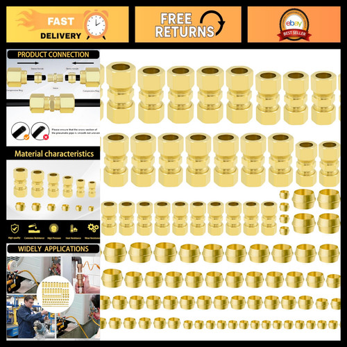 108pcs Brass Compression Fittings Assortment Kit - 1/8" to 1/2" OD Connectors &