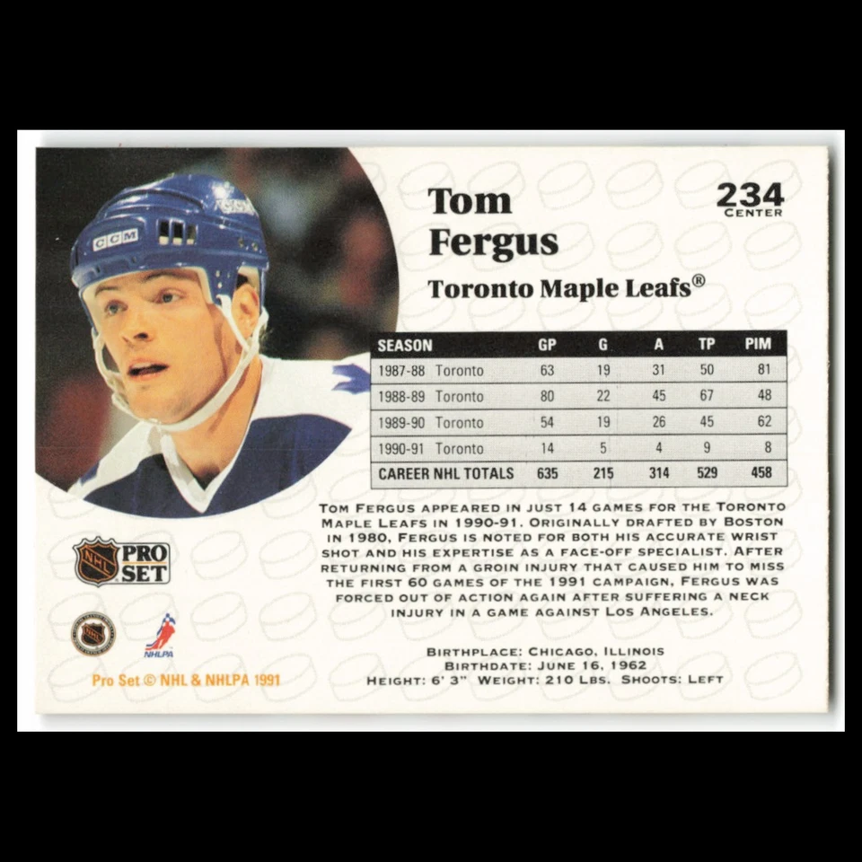 Tom Fergus #234 1991 Pro Set Toronto Maple Leafs Hockey Card NHL NM - Image 2 of 3